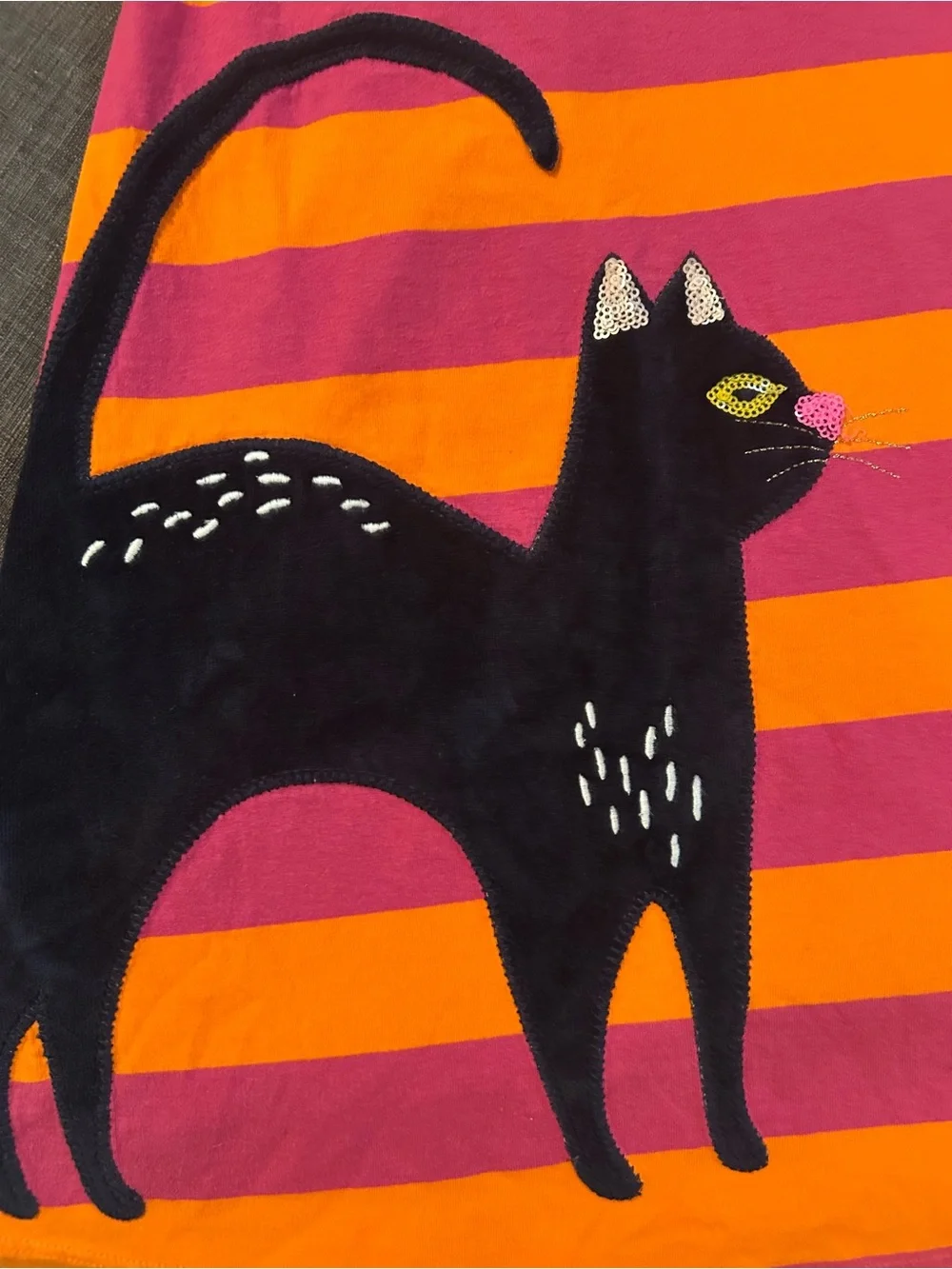 Mini Boden Orange and Pink Striped Girls' Dress W/ Velvet Black Cat Appliqué